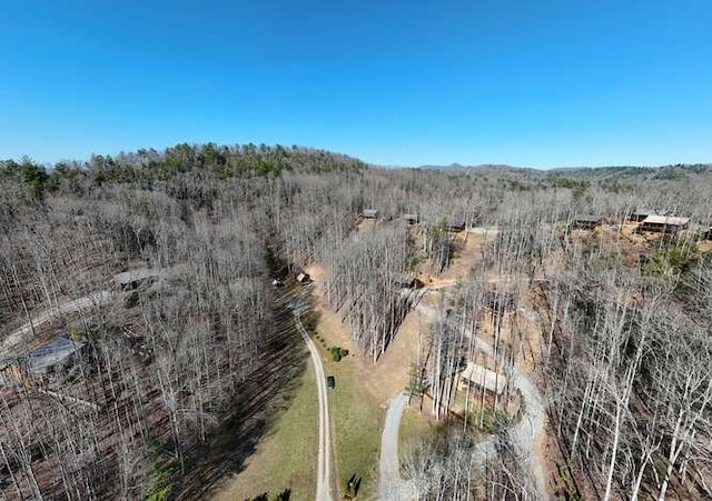 aerial view featuring a wooded view