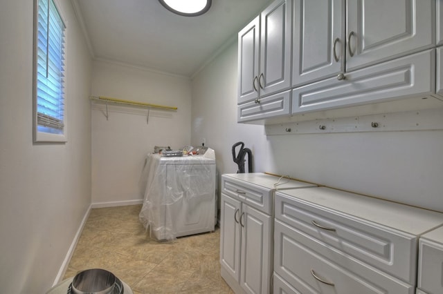 975 Goss Rd, Epworth, GA 30541 - washroom with washer / clothes dryer, crown molding, baseboards, and cabinet space