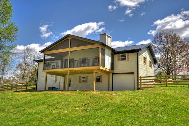 975 Goss Rd, Epworth, GA 30541 - back of house with brick siding, a chimney, a sunroom, a garage, and cooling unit