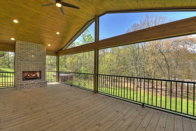 975 Goss Rd, Epworth, GA 30541 - deck with a fireplace and a ceiling fan