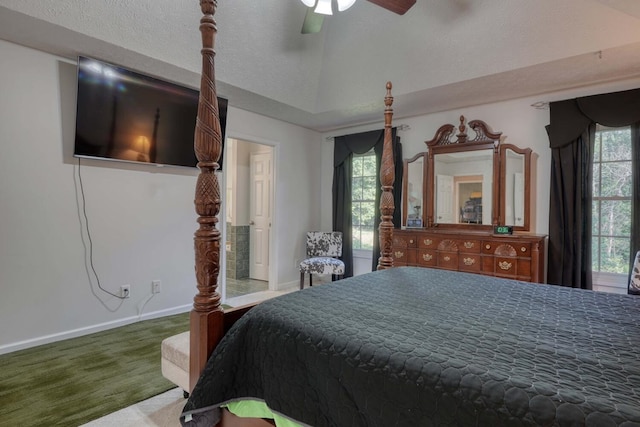 bedroom with carpet floors, a textured ceiling, and ceiling fan