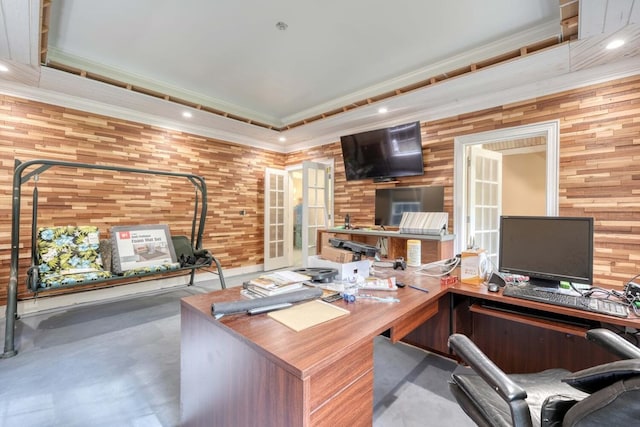 office space featuring concrete floors, wood walls, and french doors