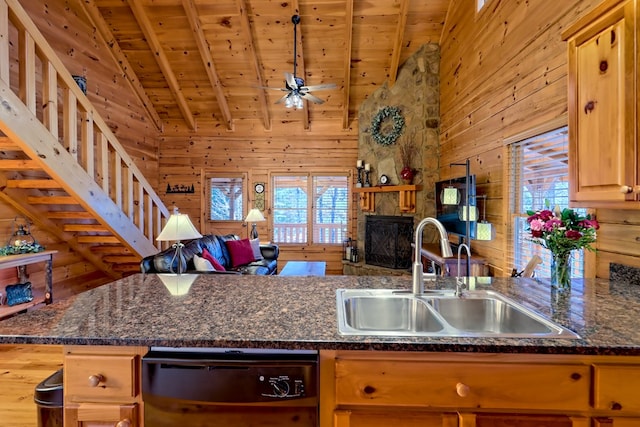 kitchen with beam ceiling, wood ceiling, a sink, wood walls, and dishwasher