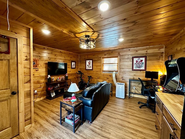 office with light wood-style floors, wood ceiling, and recessed lighting