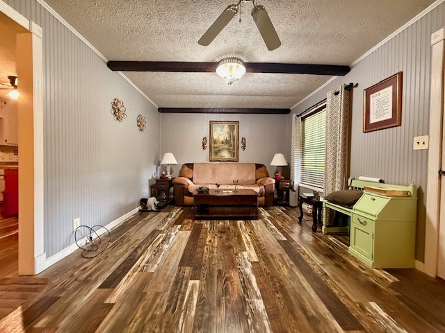 living area featuring crown molding, a textured ceiling, a ceiling fan, and wood finished floors