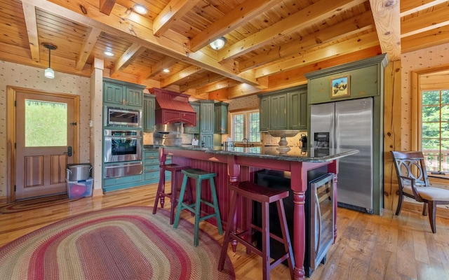 kitchen with decorative light fixtures, tasteful backsplash, wooden ceiling, and stainless steel appliances