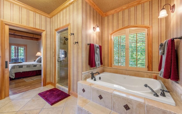 bathroom featuring crown molding, wooden walls, hardwood / wood-style flooring, and independent shower and bath