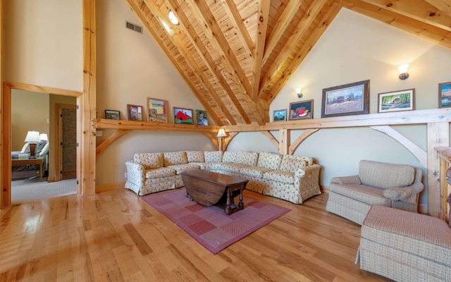 living room featuring beam ceiling, high vaulted ceiling, wooden ceiling, and light wood-type flooring