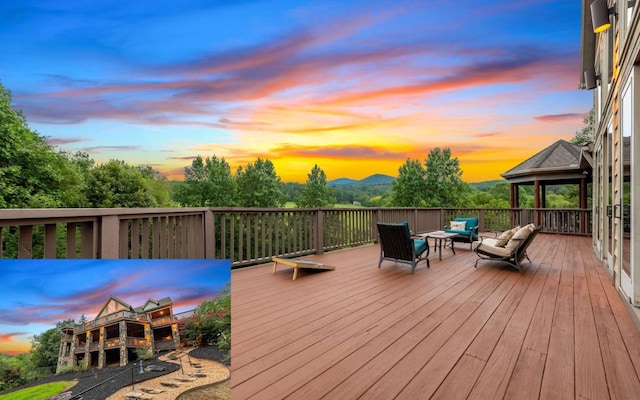 deck at dusk with an outdoor living space