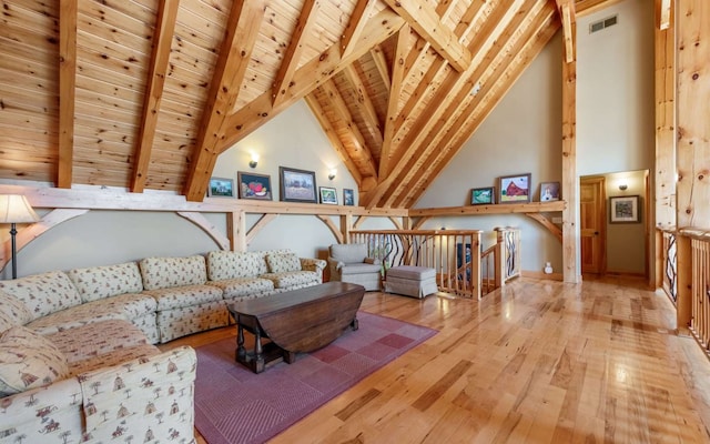 living room featuring beam ceiling, high vaulted ceiling, light wood-type flooring, and wood ceiling