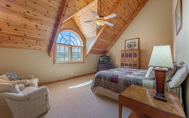 bedroom featuring light colored carpet, high vaulted ceiling, wooden ceiling, ceiling fan, and beamed ceiling