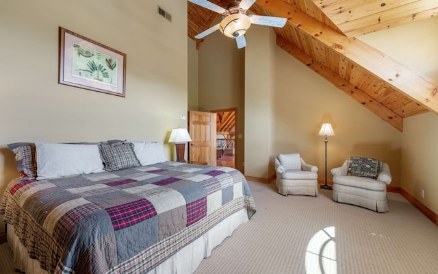 bedroom featuring light colored carpet, high vaulted ceiling, beam ceiling, wooden ceiling, and ceiling fan