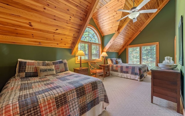 carpeted bedroom featuring high vaulted ceiling, wood ceiling, ceiling fan, and multiple windows