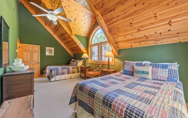 bedroom featuring high vaulted ceiling, ceiling fan, wooden ceiling, and light colored carpet