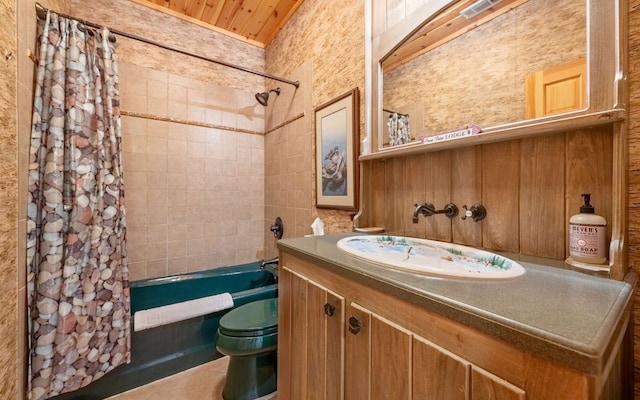 full bathroom featuring shower / tub combo, wood ceiling, vanity with extensive cabinet space, and toilet