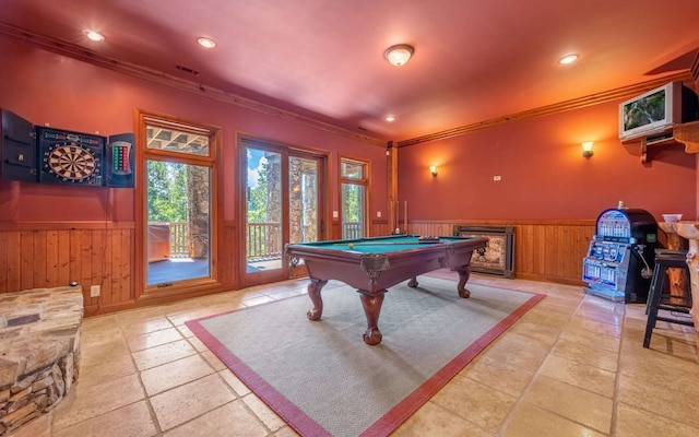 recreation room with light tile floors, pool table, and ornamental molding