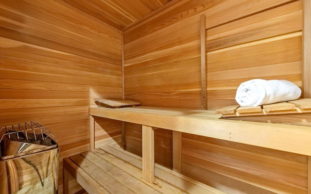 view of sauna / steam room with wooden walls