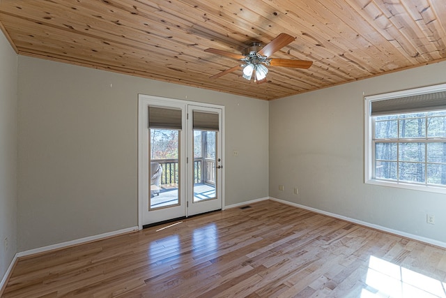 unfurnished room with wood ceiling, light hardwood / wood-style floors, and a healthy amount of sunlight