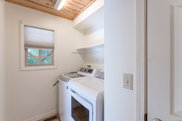 laundry room featuring wood ceiling and washing machine and dryer