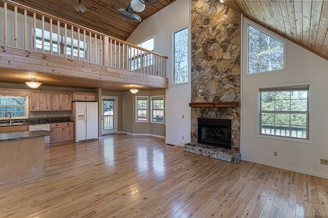 unfurnished living room with sink, high vaulted ceiling, wooden ceiling, light wood-type flooring, and a fireplace