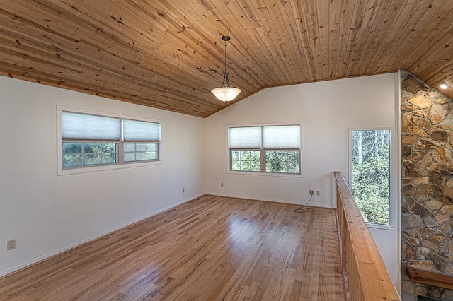 unfurnished room with hardwood / wood-style flooring, plenty of natural light, lofted ceiling, and wooden ceiling