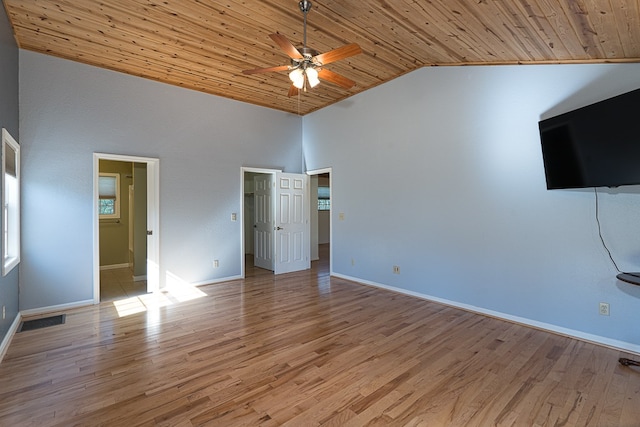 unfurnished bedroom featuring high vaulted ceiling, wood ceiling, light hardwood / wood-style floors, and a spacious closet