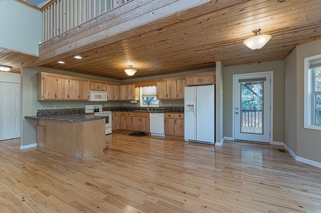 kitchen featuring light hardwood / wood-style flooring, wooden ceiling, white appliances, and kitchen peninsula