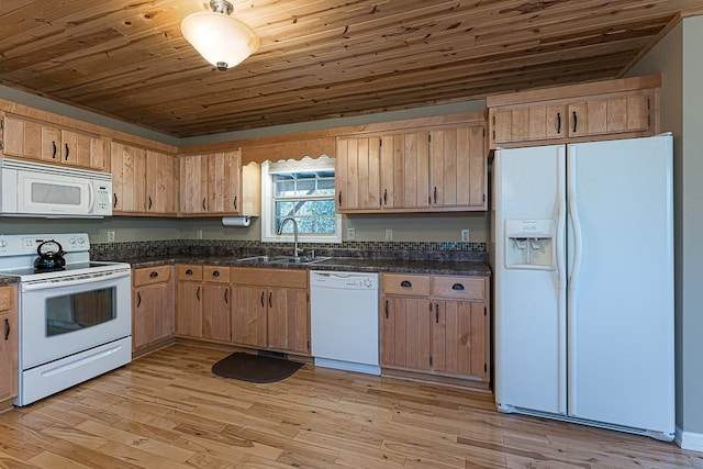 kitchen featuring white appliances, sink, light hardwood / wood-style flooring, and wooden ceiling