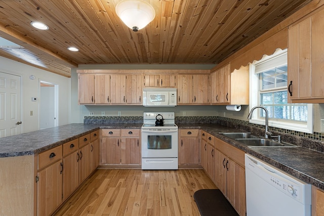 kitchen with sink, white appliances, kitchen peninsula, light brown cabinets, and light wood-type flooring