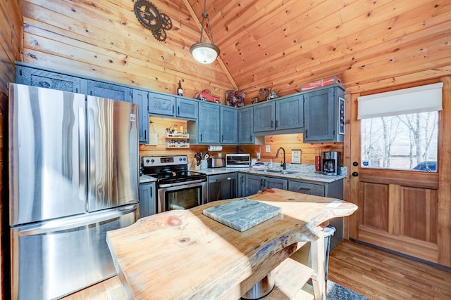 480 Sugar Mountain Rd, Blue Ridge, GA 30513 - kitchen featuring vaulted ceiling, light countertops, a sink, wood walls, and appliances with stainless steel finishes