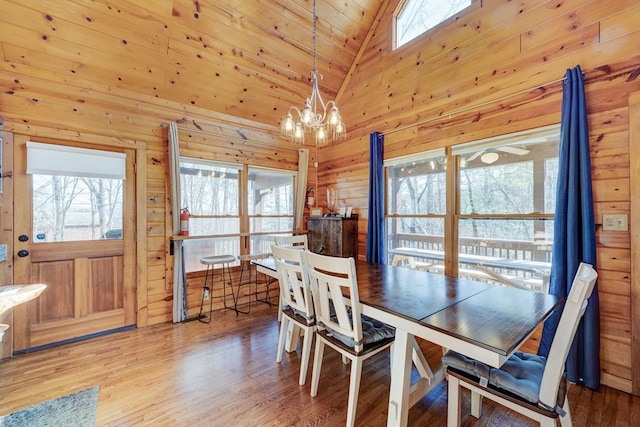 480 Sugar Mountain Rd, Blue Ridge, GA 30513 - dining area with an inviting chandelier, a wealth of natural light, wood walls, and wood finished floors