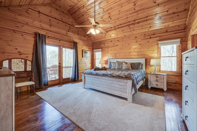 480 Sugar Mountain Rd, Blue Ridge, GA 30513 - bedroom featuring dark wood-style flooring, access to exterior, wood walls, and multiple windows