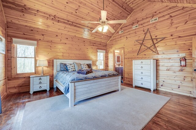 480 Sugar Mountain Rd, Blue Ridge, GA 30513 - bedroom with visible vents, wood walls, and hardwood / wood-style flooring