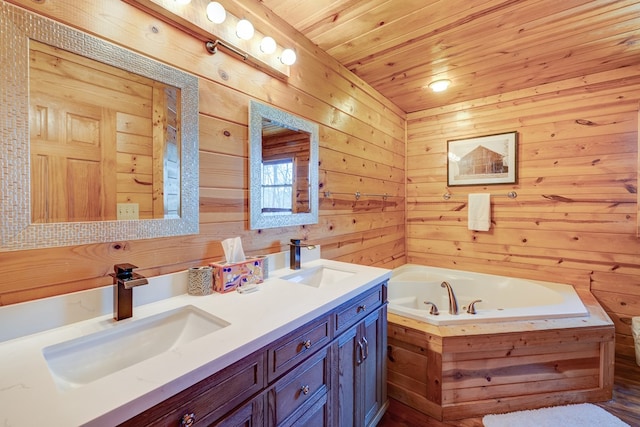 480 Sugar Mountain Rd, Blue Ridge, GA 30513 - bathroom with double vanity, a sink, wooden ceiling, and a bath