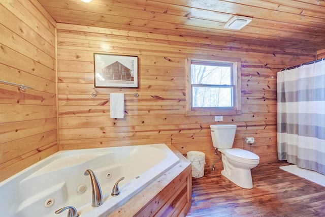480 Sugar Mountain Rd, Blue Ridge, GA 30513 - full bath featuring a whirlpool tub, wood walls, toilet, wood finished floors, and wood ceiling
