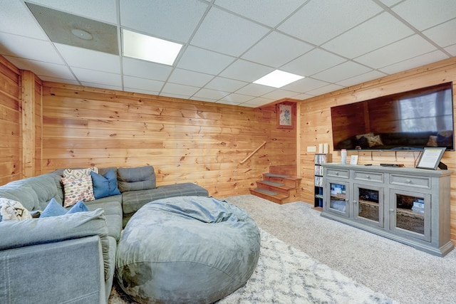 480 Sugar Mountain Rd, Blue Ridge, GA 30513 - living room with carpet floors, wood walls, and a drop ceiling