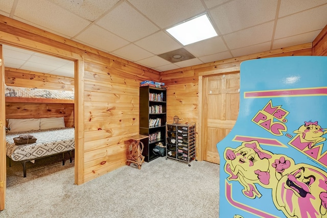 480 Sugar Mountain Rd, Blue Ridge, GA 30513 - bedroom featuring a drop ceiling, carpet, and wooden walls