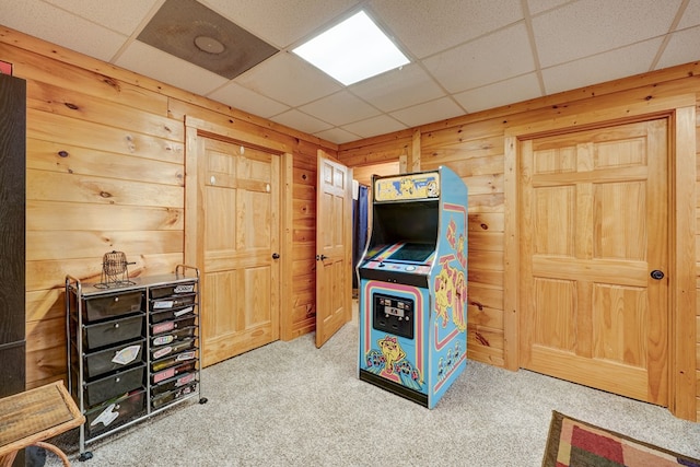 480 Sugar Mountain Rd, Blue Ridge, GA 30513 - rec room featuring a drop ceiling, wood walls, and carpet