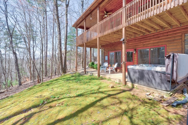 480 Sugar Mountain Rd, Blue Ridge, GA 30513 - view of yard featuring a ceiling fan, a balcony, a hot tub, and a patio area
