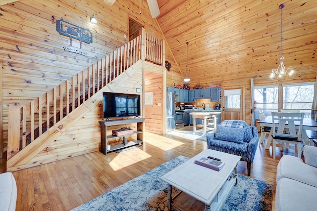 480 Sugar Mountain Rd, Blue Ridge, GA 30513 - living area featuring a notable chandelier, high vaulted ceiling, wood ceiling, wood walls, and light wood-style floors