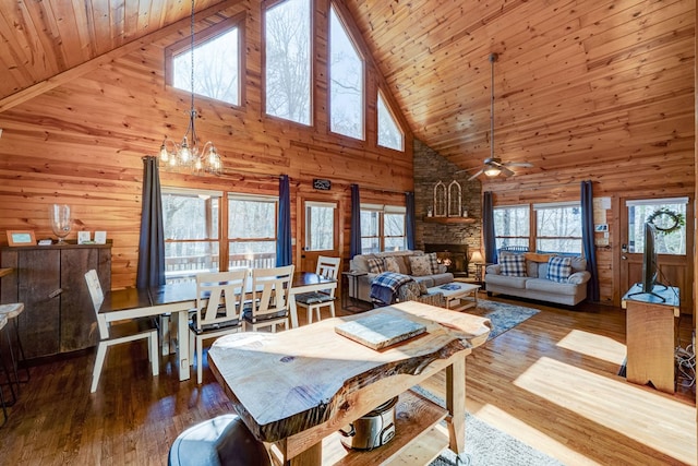 480 Sugar Mountain Rd, Blue Ridge, GA 30513 - dining area with a fireplace, wood walls, wooden ceiling, and wood finished floors