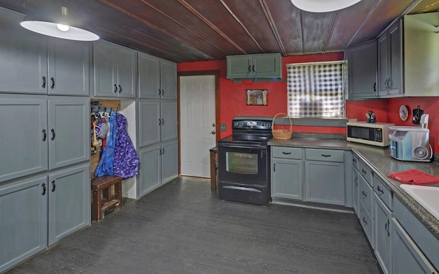 209 Vengeance Creek Rd, Marble, NC 28905 - kitchen with black range with electric cooktop, dark wood-style flooring, and wooden ceiling