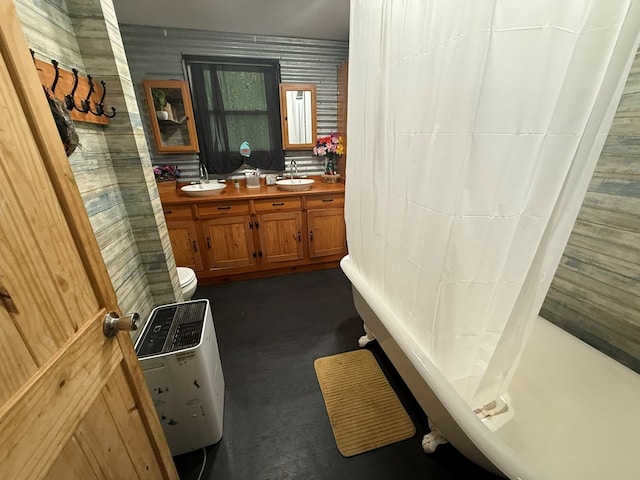 209 Vengeance Creek Rd, Marble, NC 28905 - full bath with double vanity, toilet, wallpapered walls, and curtained shower