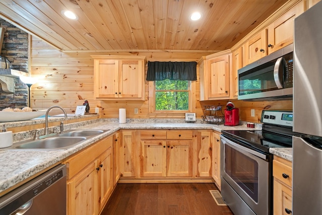 2267 Newport Dr, Ellijay, GA 30540 - kitchen featuring stainless steel appliances, a sink, wood ceiling, light brown cabinetry, and dark wood-style floors