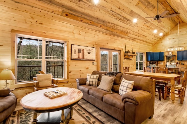 184 Rockhouse Rd, Cherry Log, GA 30522 - living area with wooden ceiling, wooden walls, ceiling fan, and light wood-type flooring