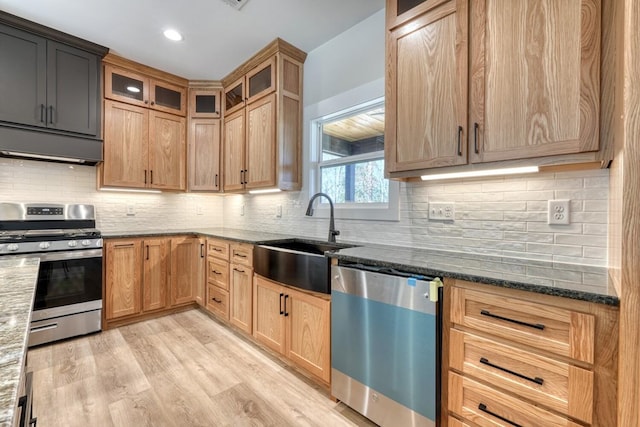 kitchen featuring stainless steel appliances, glass insert cabinets, a sink, dark stone countertops, and under cabinet range hood