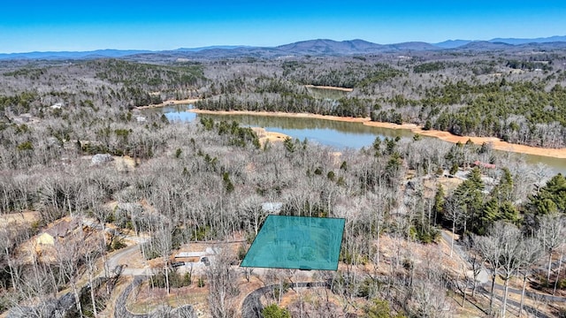 bird's eye view with a forest view and a water and mountain view