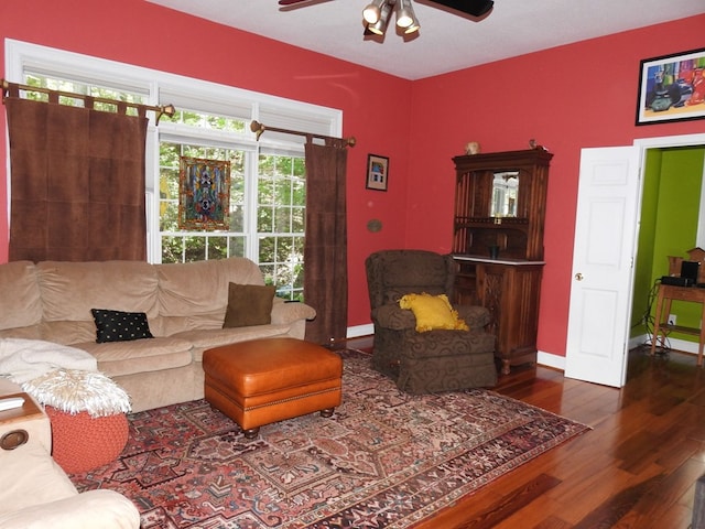 120 Sunrock Mountain Trc, Blue Ridge, GA 30513 - living area featuring a ceiling fan, wood finished floors, and baseboards