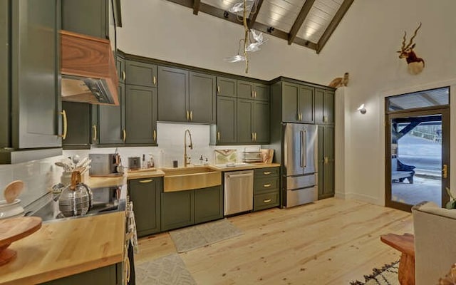 7670 Hiawassee Wilderness, Hiawassee, GA 30546 - kitchen with stainless steel appliances, a sink, green cabinetry, high vaulted ceiling, and light wood finished floors