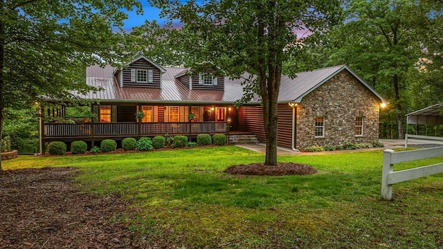 608 Pine Pass Cir, Mineral Bluff, GA 30559 - view of front of property featuring stone siding, a carport, a yard, metal roof, and faux log siding